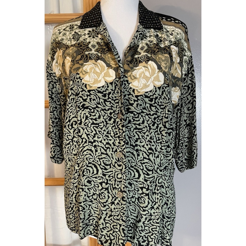 Vtg 80s Carol Little Floral Blouse 12 Etched Buttons Pleated Sage Black USA Made